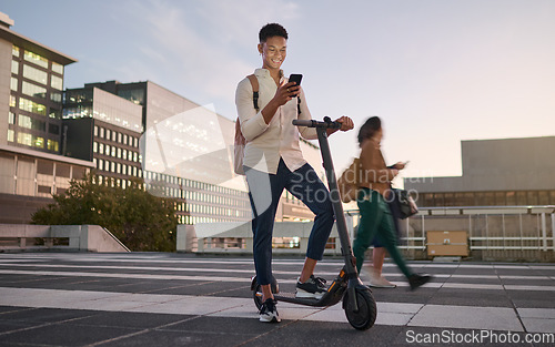 Image of Scooter, man with smartphone and sustainable city travel, eco friendly transport and college commute sustainability. University student, town at night and social media on phone with electric scooter