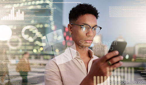 Image of Phone, city and data with a business black man using his mobile to manage information in the digital world. Finance, software and programming with a male developer using 5g mobile technology in town