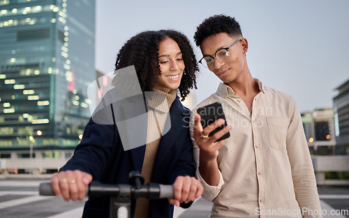 Image of Couple, friends or students in city with phone travel for communication, networking or social media. Electric scooter, happy or black woman and man on smartphone for 5g network, contact us or app