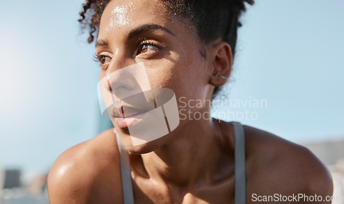 Image of Face, sweat and fitness with a sports black woman tired after a cardio workout for fitness in the city. Running, exhausted and sweating with a female athlete or runner resting after exercise in town