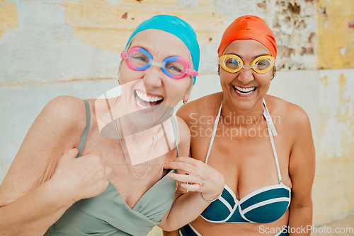 Image of Swimming, vacation and portrait of senior friends with goggles and swim caps ready for pool. Happiness, smile and elderly women at water aerobics class while on retirement holiday in Bali Indonesia.