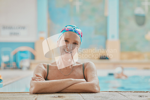 Image of Senior woman, swimmer in water and relax in swimming pool of hotel resort for healthy elderly exercise, swim training and fun with friends. Happy elder, smile on face and retirement workout activity