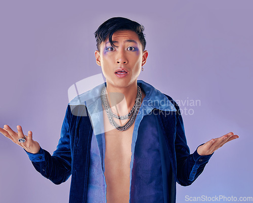 Image of Shock, surprise and gay man with makeup in studio isolated on a purple background. Cosmetics, cyberpunk and lgbtq, queer and punk male model from Japan with omg, wow or shocked facial expression.