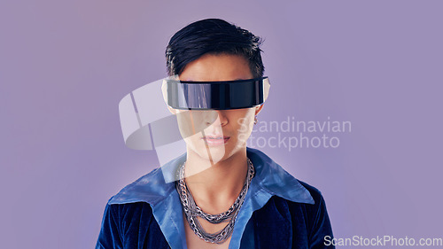 Image of Face, cyberpunk and virtual reality with asian man in futuristic eyewear in studio on purple background for metaverse or 3d fashion. Portrait, robot and future of young male in glasses for fantasy ai