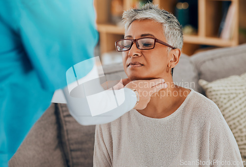 Image of Healthcare, check neck and doctor consultation with patient, home visit and medical examination on throat and health. Mature woman sick, inflammation or infection, medicine and doctor appointment.