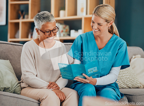 Image of Nurse consulting elderly woman in nursing home, retirement counseling of covid 19 flyer, information and medical support. Professional therapist advice, happy patient in clinic and friendly caregiver