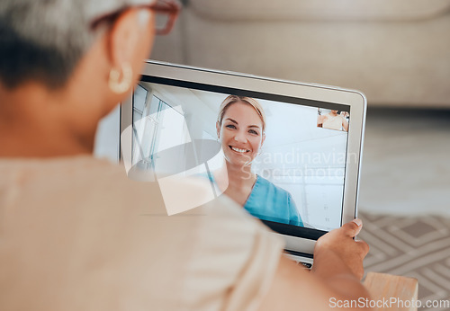 Image of Telehealth, covid and tablet with doctor and patient for consulting, checkup or conversation for health, advice or talk. Healthcare, medical professional or senior woman video call, help or in lounge