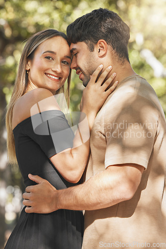 Image of Love, couple and smile together, happy and outdoor being loving, bonding and embrace. Romance, man and woman with hug, happiness for relationship and dating with quality time, romantic and affection.