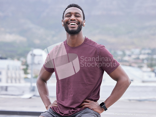 Image of Portrait, black man and relax with smile in city happy, pride and confidence with positive mindset. Fitness, African American young male and guy being trendy, edgy and casual outdoor with happiness.