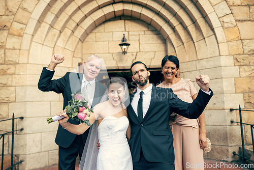 Image of Wedding, couple and family in marriage celebration for commitment, trust or support for relationship. Portrait of excited married bride and groom with happy parents celebrating in joy at the church