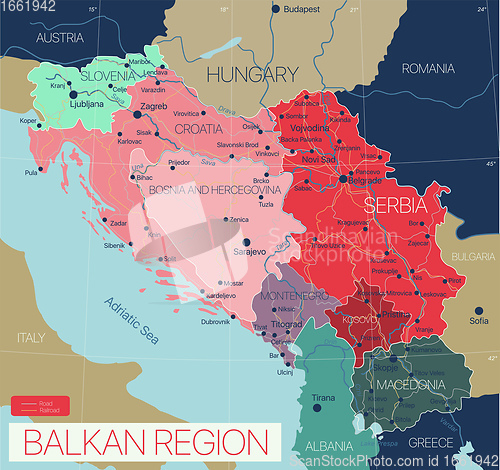 Image of Balkan region detailed editable map