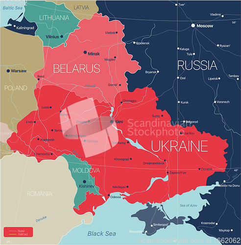 Image of Belarus and Ukraine countries detailed editable map