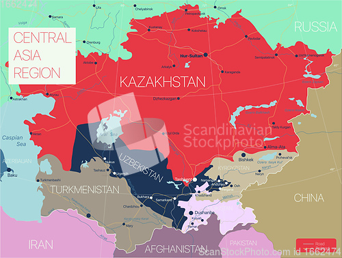 Image of Central Asia region detailed editable map