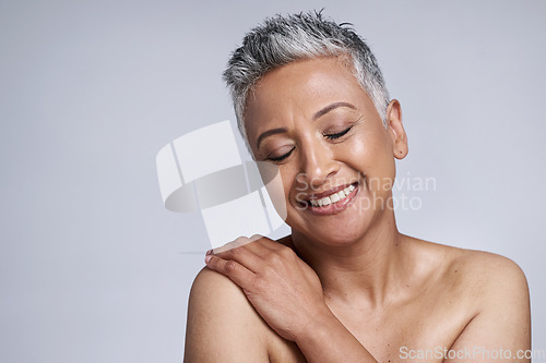 Image of Skincare, face and senior woman with eyes closed in studio on a gray background mockup. Makeup, aesthetics and cosmetics of mature female model feeling happy for glowing and healthy skin mock up.