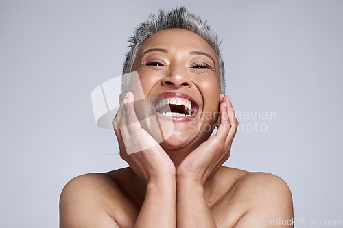 Image of Happy, smile or skincare of senior woman in studio portrait for health, botox or natural cosmetic routine treatment. Skin facial or comic elderly model with self care, glow or plastic surgery beauty