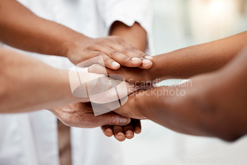 Image of Hands, community and care in trust, agreement or care for teamwork, collaboration or growth together. Hand of business people piling for partnership, unity or support in solidarity for commitment