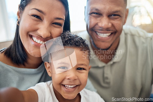 Image of Mother, father and child in a selfie or portrait in the house living room bonding and enjoying holidays as a family. Mama, dad and happy young boy kid or boy with a big smile loves pictures in Mexico