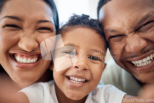 Image of Selfie, face smile and black family in home bonding, taking photo and enjoying time together. Portrait, love and picture of girl, father and mother for happy memory, social media or online post.