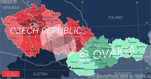 Image of Czech Republic and Slovakia countries detailed editable map