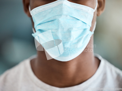 Image of Face mask safety, covid 19 and closeup black man in wellness protection of global pandemic, health crisis and worldwide emergency problem. Guy in corona virus ppe to stop bacteria, risk and pollution