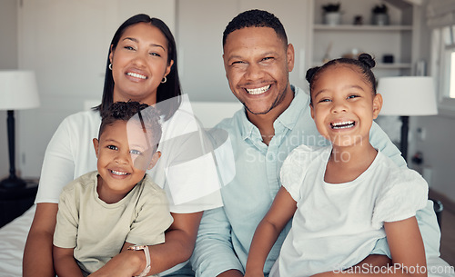 Image of Family, relax and happy together in home for love, care and support portrait. Black family, smile and parents spend quality time with children on vacation or holiday in family home for happiness