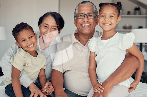 Image of Family, generations and grandparents with children at family home, love and bonding portrait with happiness. Happy family, smile and relationship with care, relax and spending quality time at home.