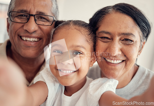 Image of Phone selfie of child, grandparents or happy family bonding, having fun and enjoy quality time together at home. Love, smile and photo memory portrait of grandmother, grandfather and young kid girl