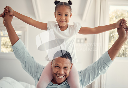 Image of Home, love and girl on dad shoulder having fun, playing and bonding together for quality time. Affection, black family and portrait of young child and father in living room on weekend in family home