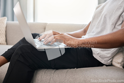 Image of Laptop, home and hands of black man typing email, social media content writing article or contact social network blog user. Person review online survey data, feedback or working on seo copywriting