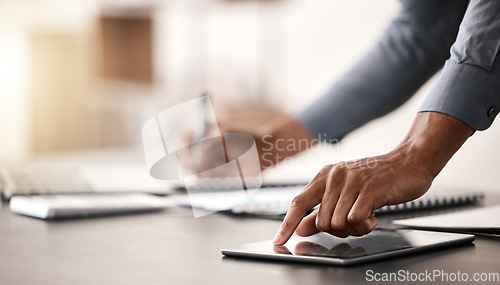 Image of Businessman hands, tablet and writing notes, planning agenda or analytics at office desk. Closeup writing notebook, digital ideas and online website, internet and economy research of finance manager