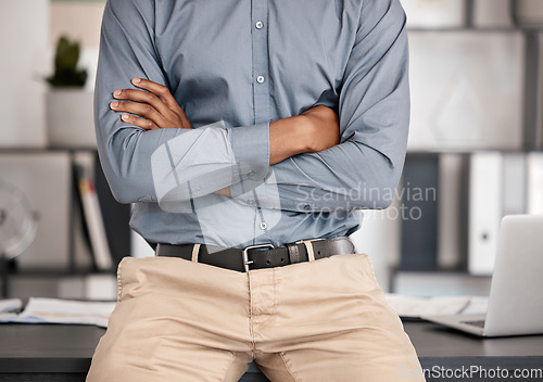 Image of Business man, arms crossed and corporate manager, financial leadership or trader in modern office. Closeup crossed arms of businessman ceo or accountant working with pride on goals in startup company