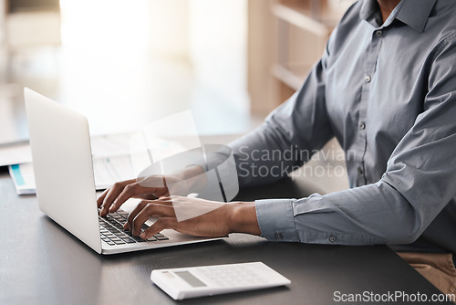 Image of Laptop, hands typing and business man in office working on job email or report. Digital research, developer and programmer writing, programming software or coding app on computer at desk in workplace