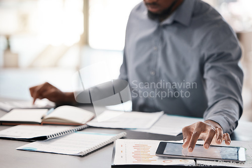 Image of Businessman, hands and tablet with documents data analysis, company finance budget and fintech accounting software. Black man, technology and paper research chart for digital marketing startup growth