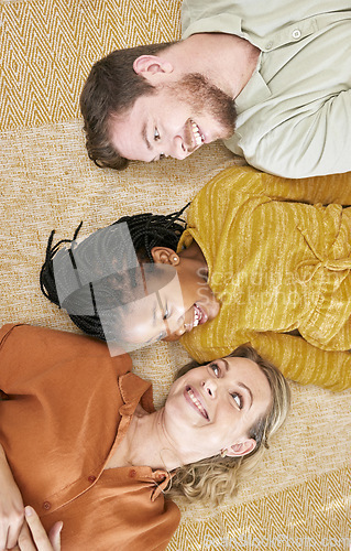 Image of Relax, floor and adoption family top view of house leisure with smile, happiness and care of parents. Interracial, mother and dad with young black child rest together on comfortable home carpet.