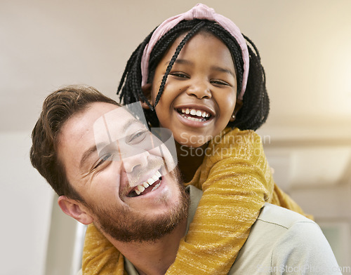 Image of Father, black girl and piggy back in home having fun and bonding. Family love, adoption and care of happy man carrying foster child in house, enjoying quality time together and playing with a smile.