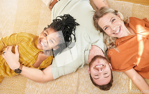 Image of Happy, family and adoption portrait top view of caucasian mother and dad with black kid in house. Relax, interracial and smile of child together with foster mom and father in joyful home.