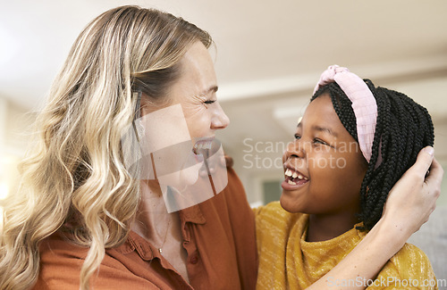 Image of Love, mother and adoption girl, hug and happy together with smile and bonding in home. Family, mama and black child with embrace, support and happiness with proud female parent and connect with kid