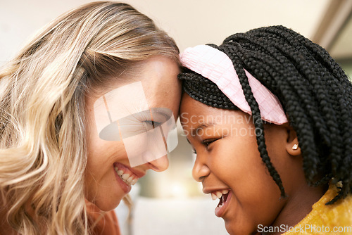 Image of Bonding, love and girl with a foster mother for safety, care and happiness in a family home. Foster care, happy and African girl with a smile for her mom on mothers day, playful and crazy together