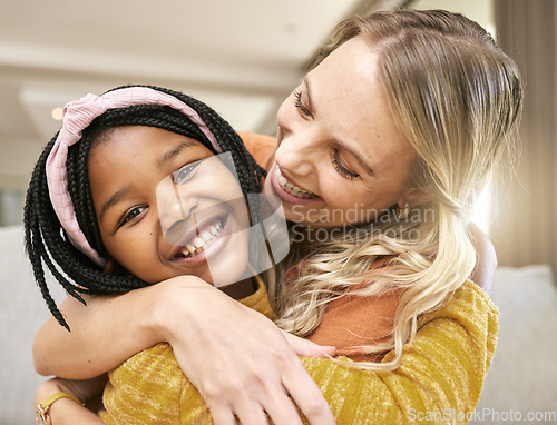 Image of Happy girl, mom and mothers day in living room sofa, love and relax together in Brazil family home. Young child, smile parent and happiness, adoption and care on lounge couch for fun in family home