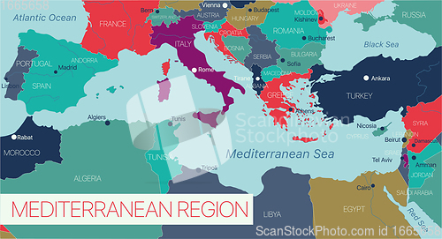 Image of Mediterranian sea region detailed editable map