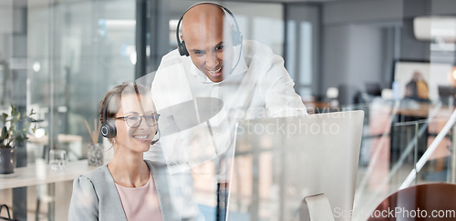 Image of Business people, call center and coaching on computer for telemarketing, customer service or support at office. Consulting mentor or manager training employee consultant in contact us or online help