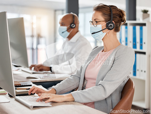Image of Covid, compliance and woman in a telemarketing call center networking, talking and helping client with healthcare insurance. Contact us, coronavirus or consultant in a face mask speaking on mic