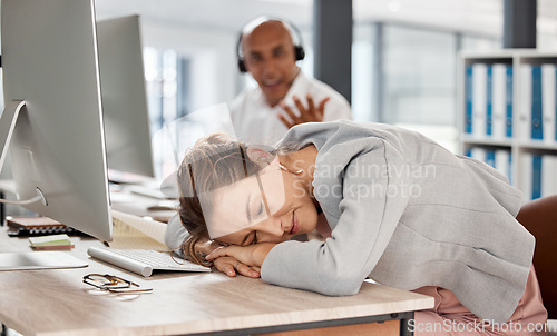 Image of Tired, burnout and sleeping call center worker in consulting office exhausted on overtime shift. Sleep, overworked and mental health problem of telemarketing consultant woman resting in workplace.