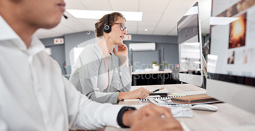 Image of Call center, computer and woman, working or telemarketing agency for customer service advice. Contact us, crm and helpdesk with operator or representative female on online conversation for support