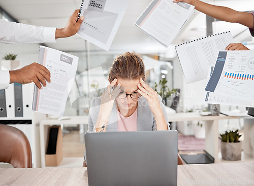 Image of Stress, burnout and woman with a headache from paperwork deadline and overwhelmed from multitasking workload. Fatigue and frustrated employee with anxiety from office admin and time management chaos