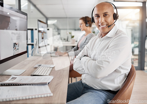 Image of Call center, pride and employee with arms crossed for telemarketing, customer service and online support with a computer. Contact us, smile and portrait of a consultant in communication on the web
