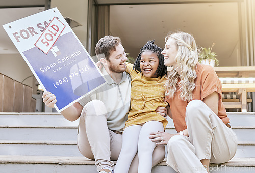 Image of Sold, real estate and diversity family with new house property, mortgage and investment for a future together with an african child. Happy family or mother, father and girl kid homeowner to new home