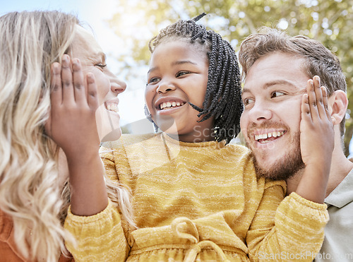 Image of Mother, father and child in garden, happy family on outdoor picnic in park, positive adoption with love and support. Family, woman and man with small black girl in nature together, happy in summer.