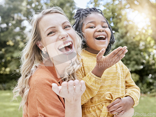 Image of Adoption, mother and girl outdoor, smile or happy being loving, bonding or happy together. Portrait, adopted child or black girl with foster mother, happiness or love for care, relax and quality time