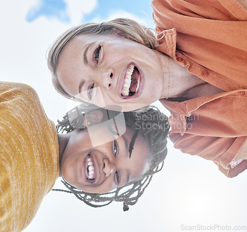 Image of Portrait, mother and black girl with adoption, smile and blue sky background from below outdoor in nature. Happy, family and love, care and laugh together with fun , happiness and relationship